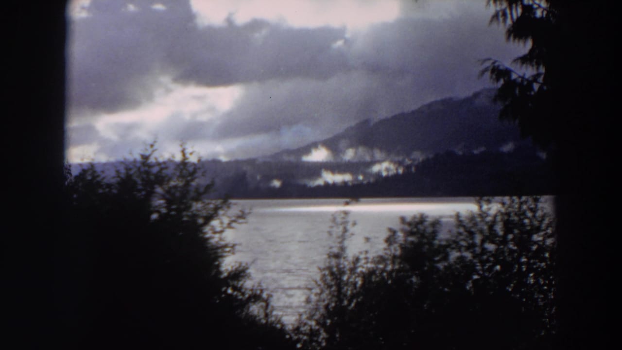 Cloudy mountain lake view with trees silhouetted along the frame edges.
