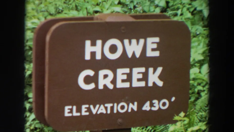 1964 Washington home-movie frame showing a brown sign reading Howe Creek Elevation 430 against leafy greenery.