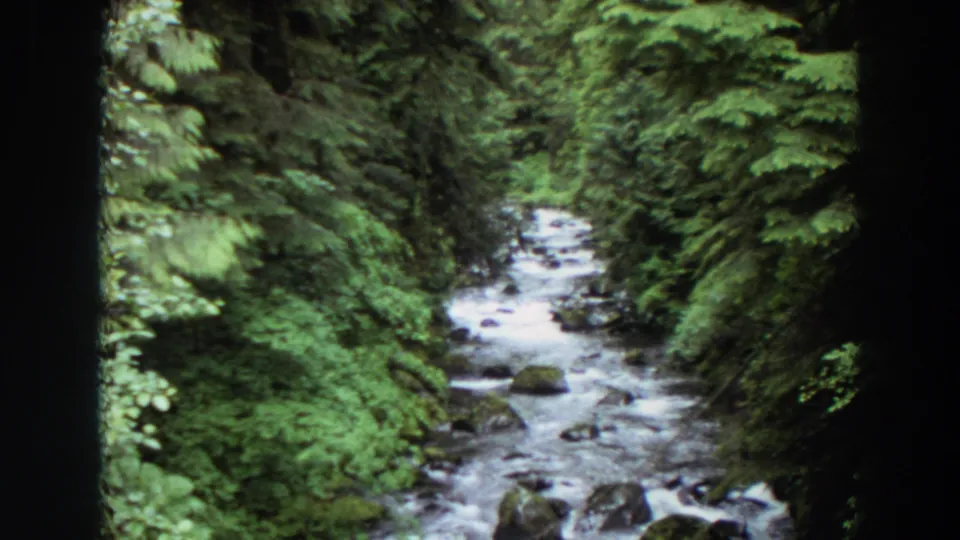 1964 Washington 8mm view of a rocky stream framed by lush trees, with visible home-movie film borders.