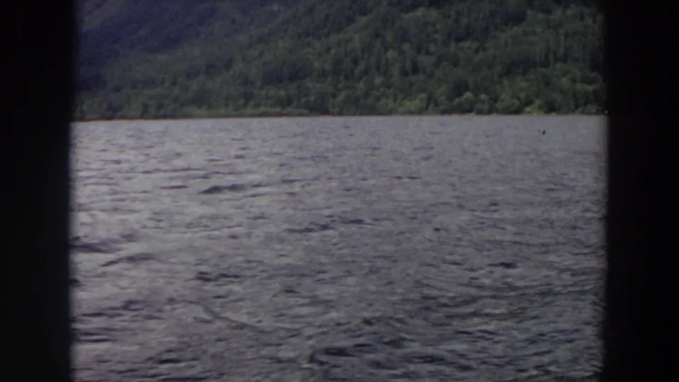 1964 Washington 8mm frame with choppy water in the foreground and a wooded lakeshore across the upper part of the scene.