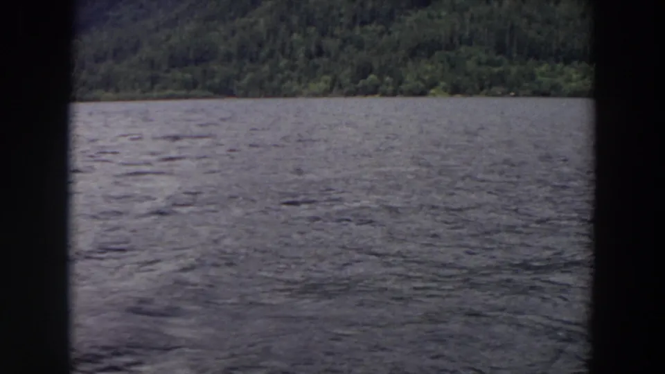 1964 Washington home-movie still showing textured lake water, a green tree-lined shore, and dark edge framing from the filmed viewpoint.