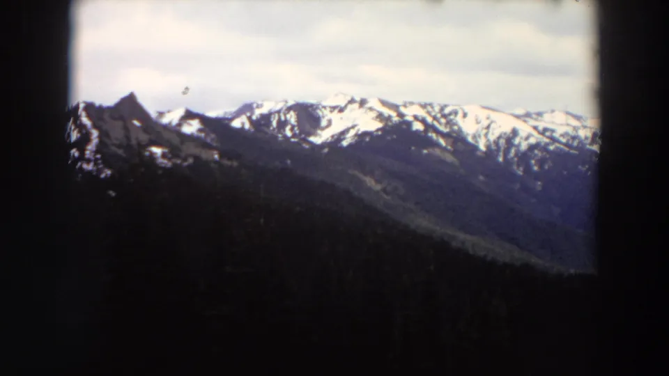 1964 Washington 8mm frame showing distant snowy mountain peaks beyond a dark evergreen forest and cloudy sky.