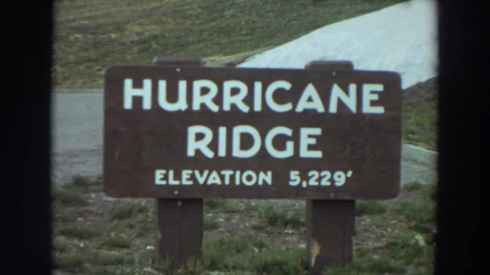 Brown Hurricane Ridge roadside sign in Washington, with elevation 5,229 feet legible and a snowy slope behind it.