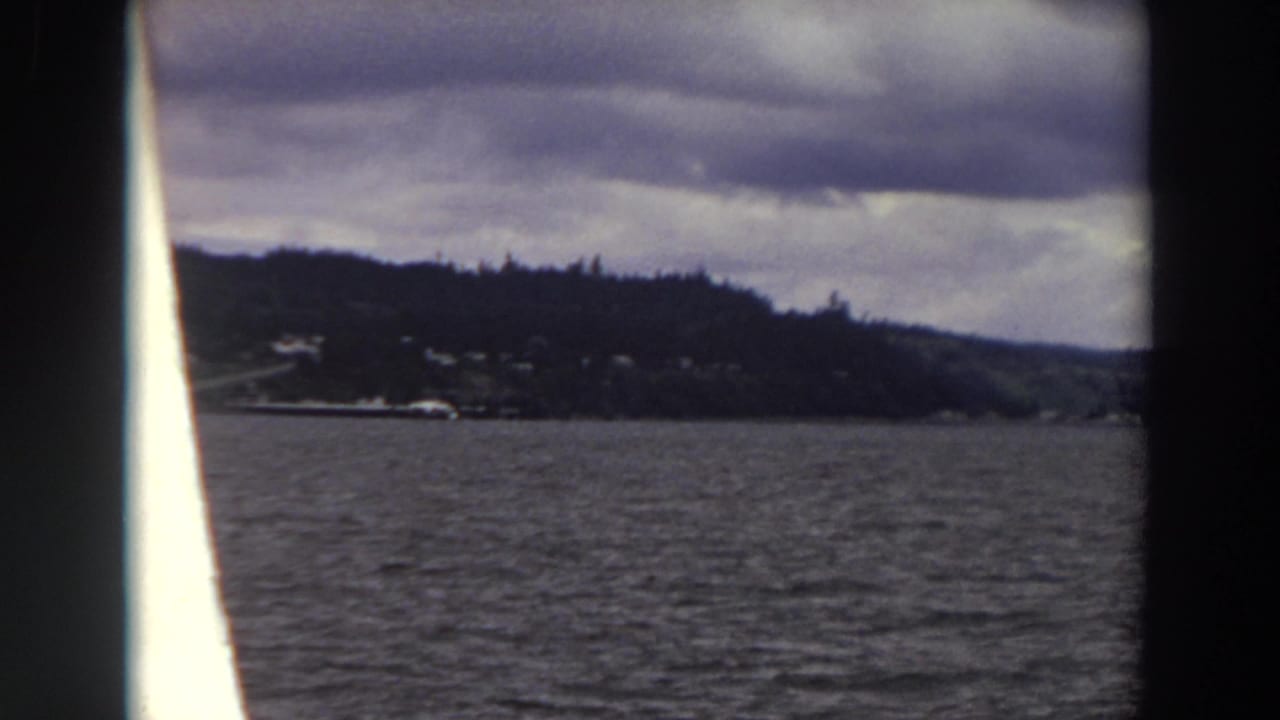 Wide water view with a wooded hillside, scattered light structures, and low gray clouds.