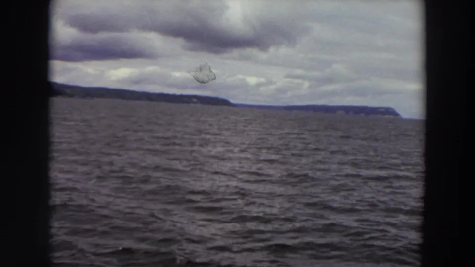 Washington 1964 home-movie frame looking across choppy water to a distant wooded shoreline under an overcast sky.