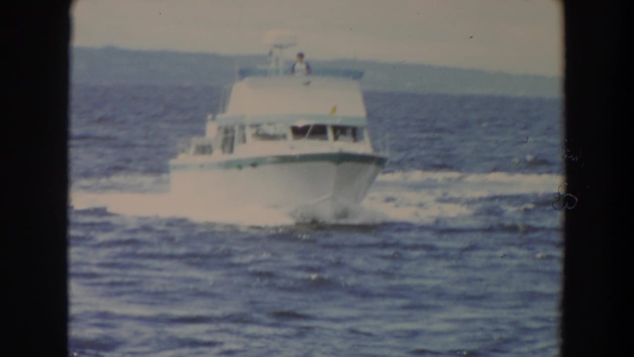 White cabin cruiser seen head-on on choppy water with a person visible on the upper deck.