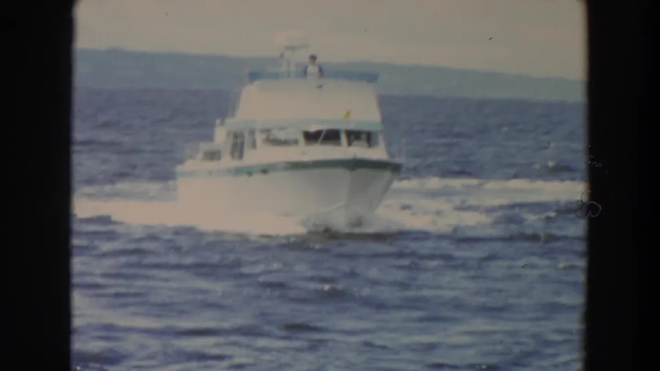 The white cabin cruiser nears the camera on open water, with a person visible on the upper deck and low shoreline in the distance.