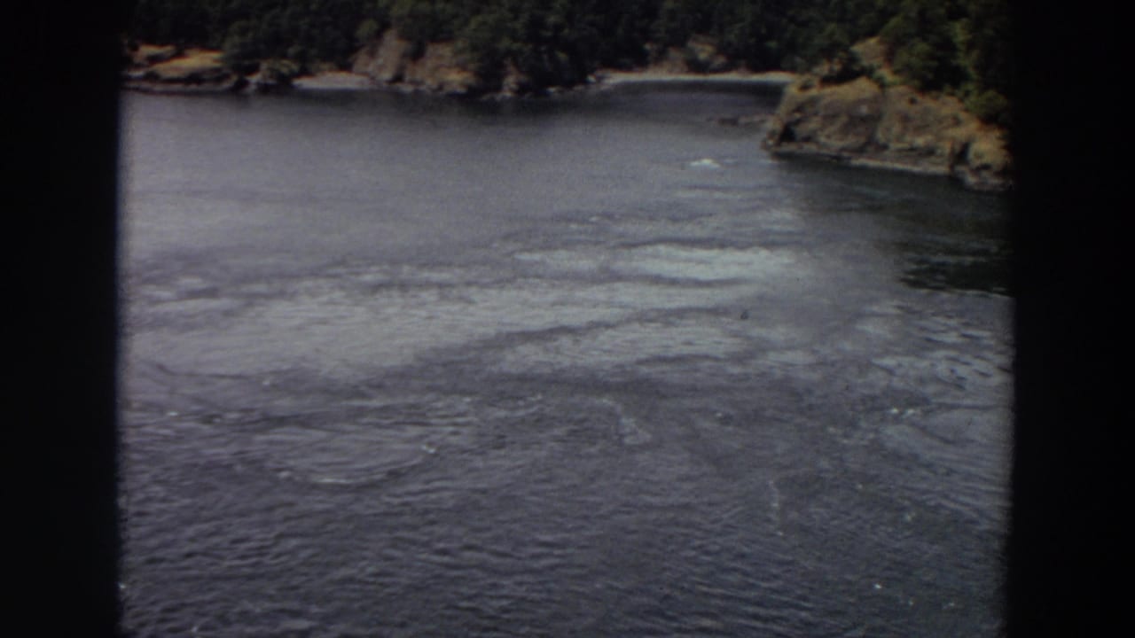 1964 Washington 8mm frame with broad rippled water, pale current streaks, and wooded shoreline beyond.