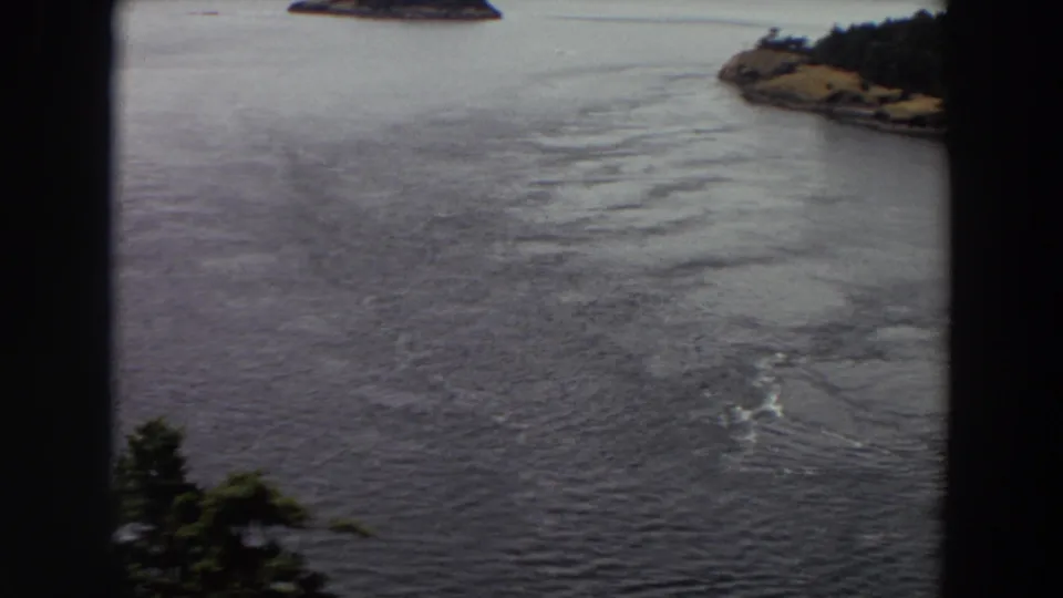 1964 Washington 8mm frame showing rippled water, a distant shore, dark foreground borders, and evergreen foliage near the bottom edge.