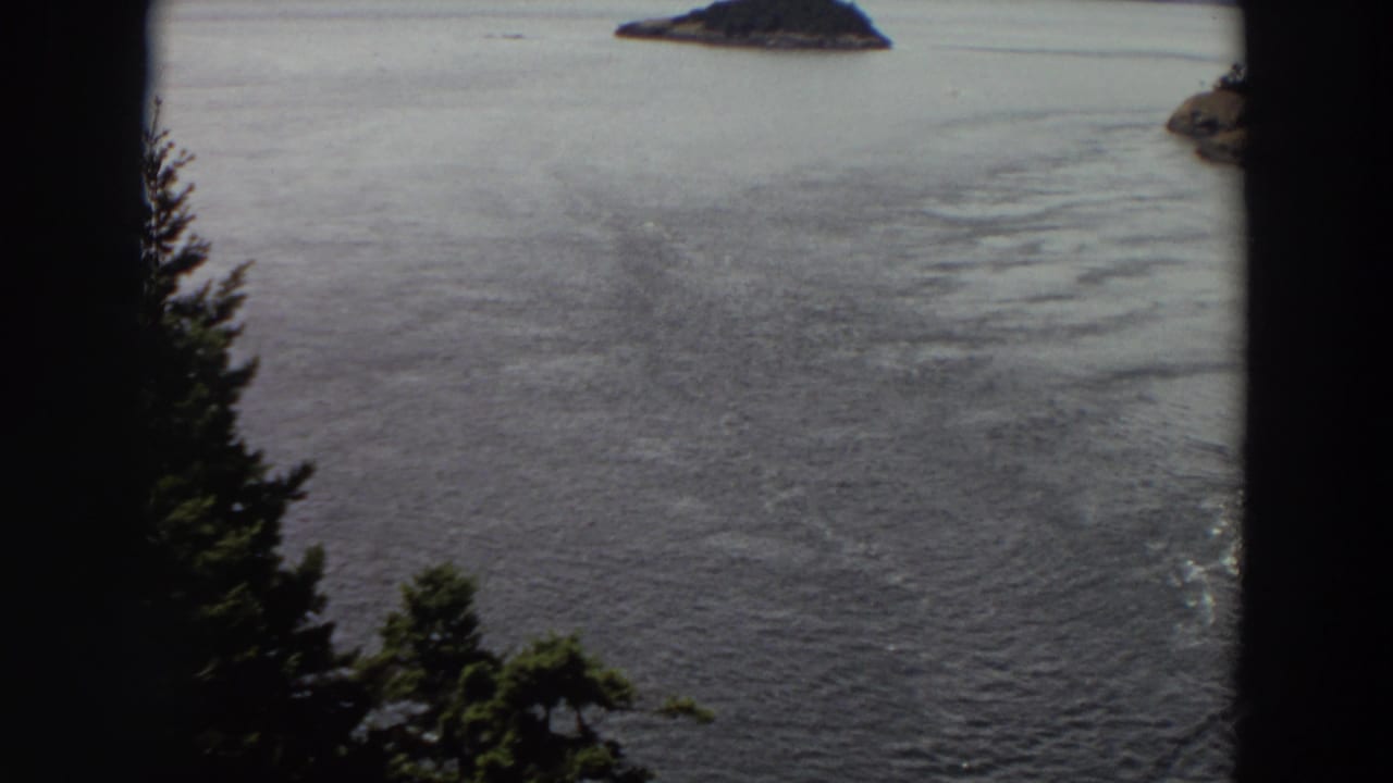 1964 Washington home-movie frame of open water, a small island near the horizon, and a partial wooded shoreline at right.