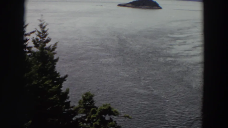 1964 Washington 8mm frame showing dark shoreline trees, calm water, and a small tree-covered island offshore.