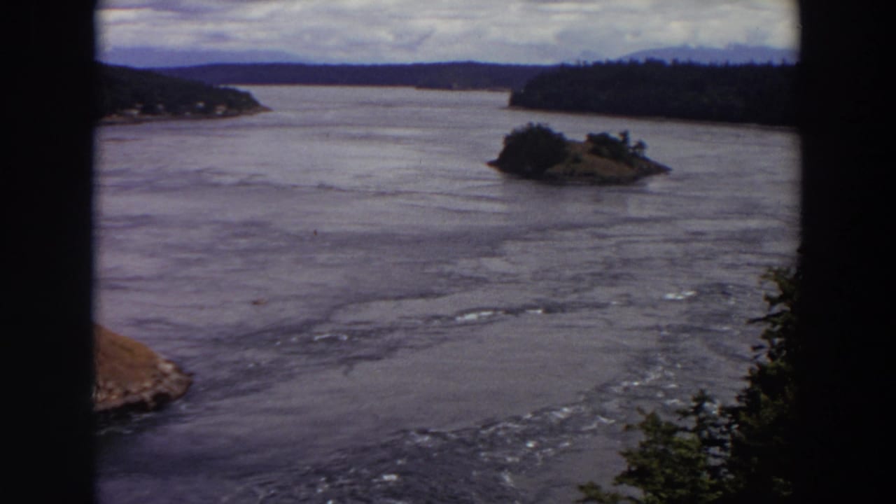Wide waterway with a small wooded island and forested hills beyond.