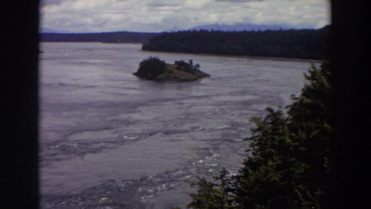 1964 Washington 8mm still with a tree-covered island, broad gray-blue water, dark foreground framing, and forested hills in the distance.