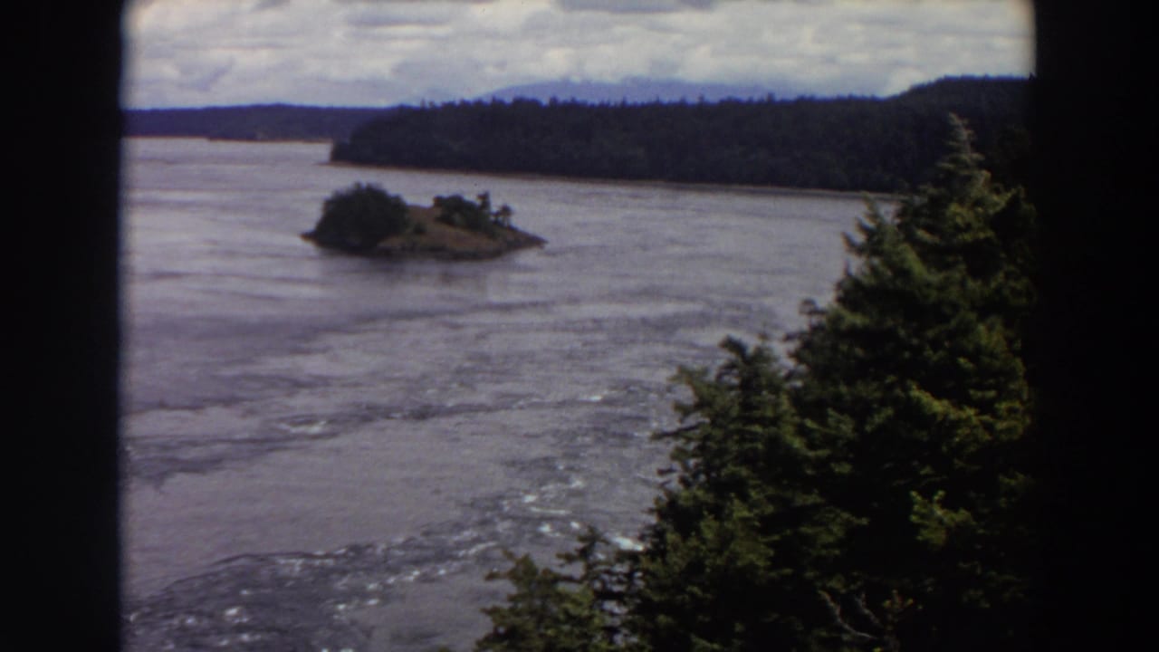 1964 Washington archival home-movie frame showing a small island across rippled water with evergreen branches and wooded hills beyond.