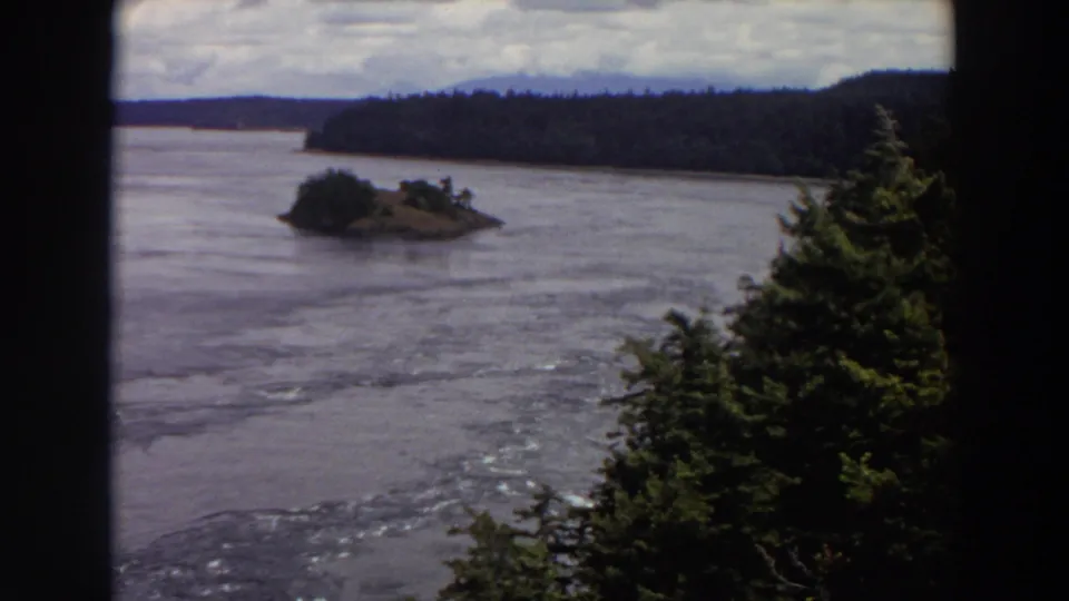 1964 Washington archival home-movie frame showing a small island across rippled water with evergreen branches and wooded hills beyond.