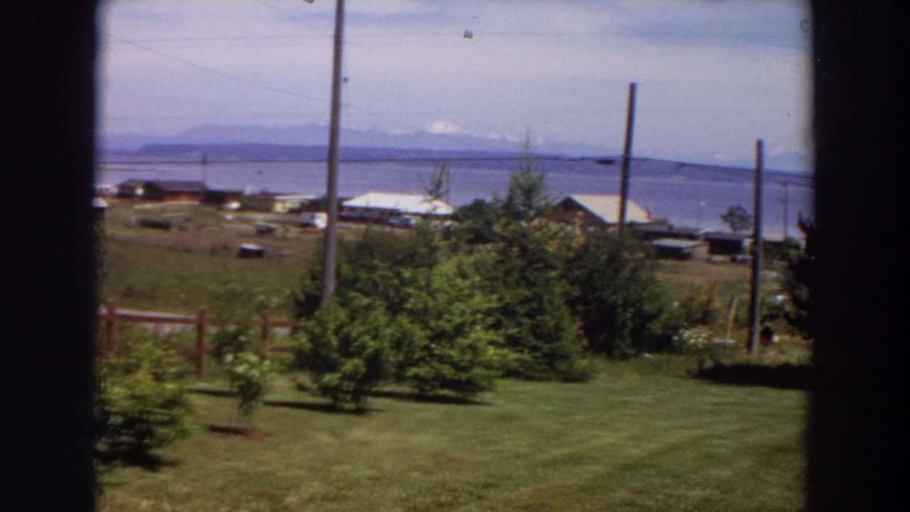 1964 Washington 8mm frame from a grassy yard toward a waterfront settlement and distant mountain range.