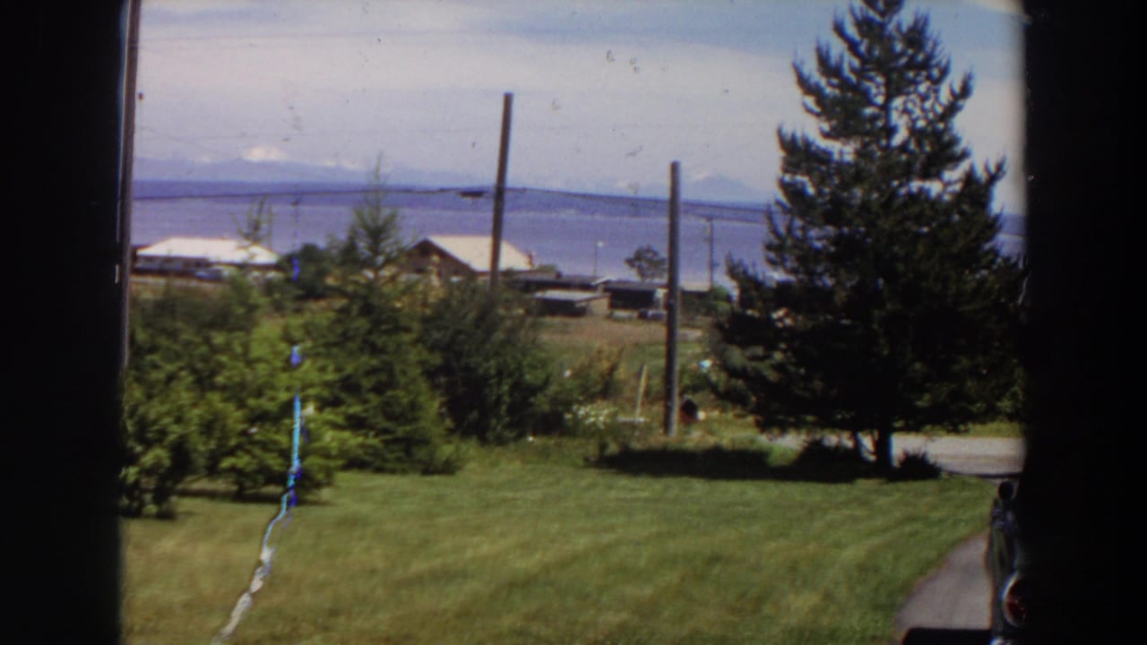 1964 Washington 8mm frame with an evergreen beside a lawn overlooking waterfront structures and mountains.