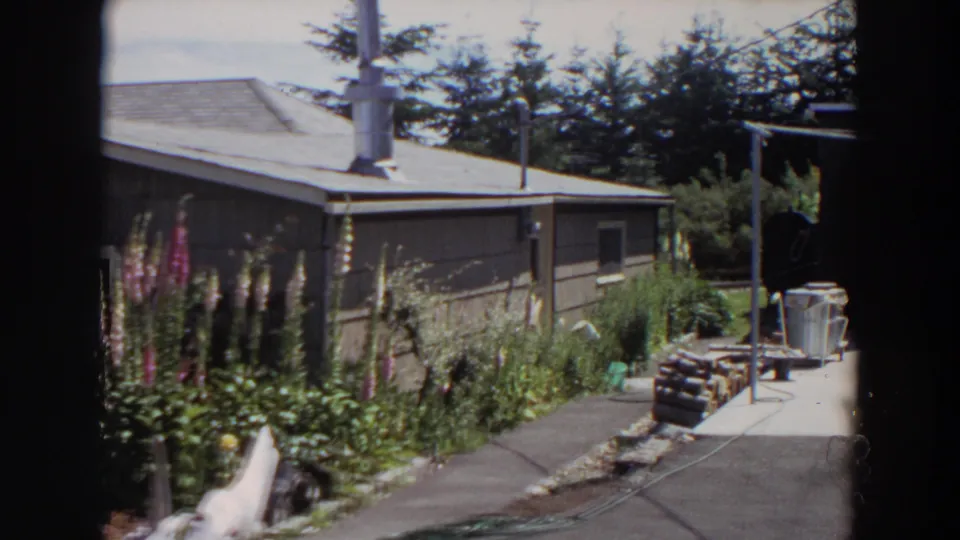1964 Washington home-movie still showing a side yard path, dark house siding, tall flowers, shrubs, firewood, and a shaded shed or patio structure.