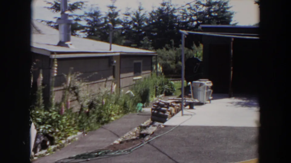 1964 Washington backyard frame with a paved area, coiled garden hose, stacked firewood, planted border, and the side of a modest house.