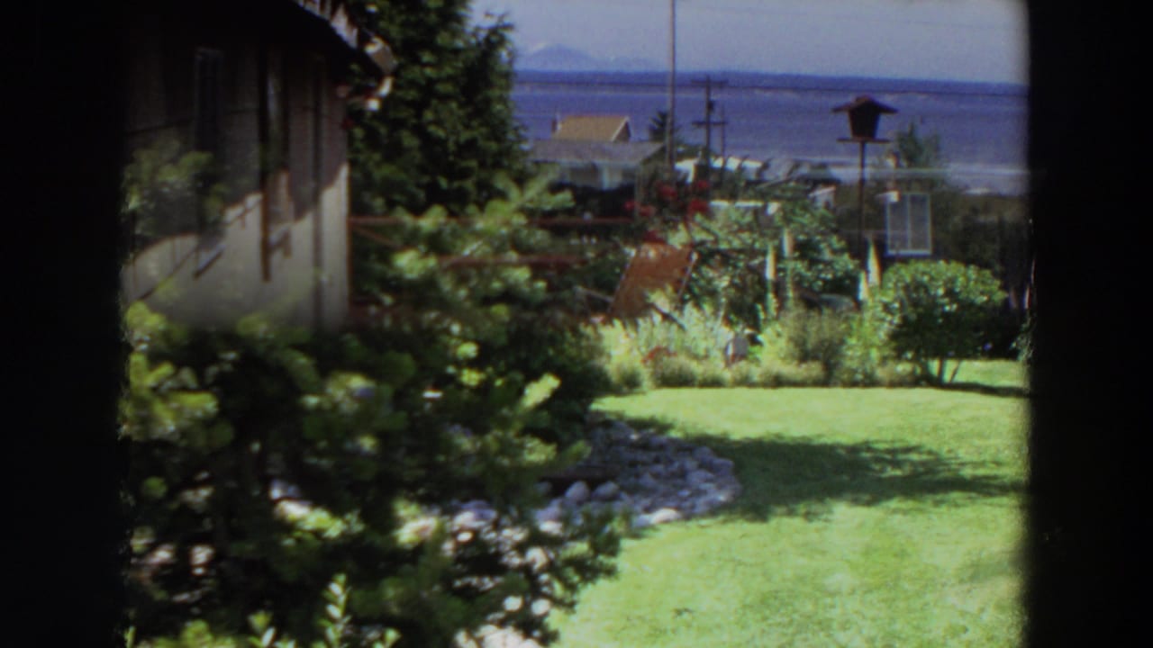 1964 Washington home-movie frame showing a lawn, shrubs, house wall, red flowers, and a partial deck view toward distant water.