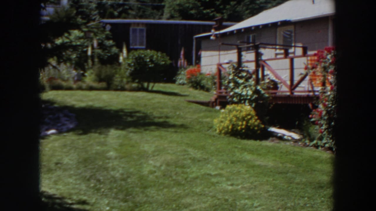 1964 Washington garden scene with a sunlit lawn, flowering bushes, trees, and a modest house with wooden deck railings.