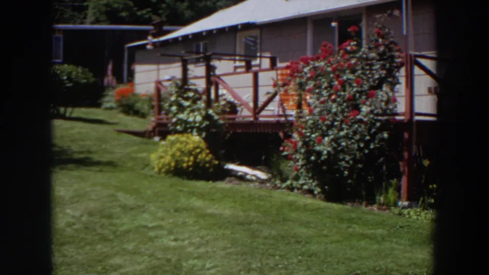 1964 Washington exterior view of a garden with a sloping lawn, red flowering shrub, low deck, steps, and house siding.