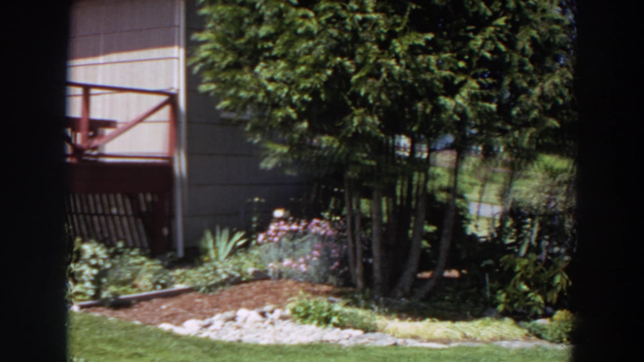 1964 Washington exterior frame showing the side of a rural home, red porch edge, clustered trees, flowers, gravel, and lawn.