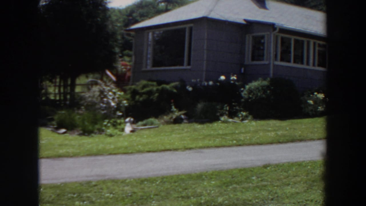 1964 Washington residential exterior with a gray single-story house, white trim, lawn, shrubs, flowers, and trees near a quiet road.