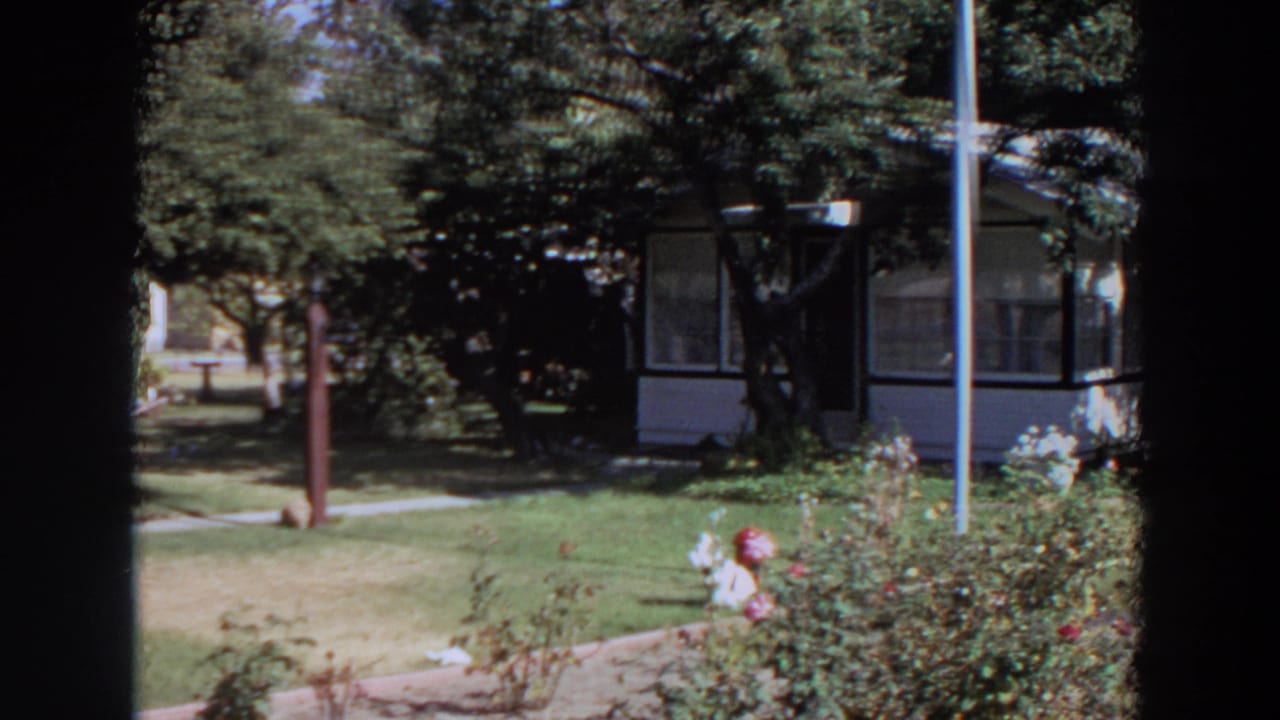 1964 Washington residential yard with a white house, shaded trees, lawn, garden flowers, walkway, and a pale vertical pole near the right side.