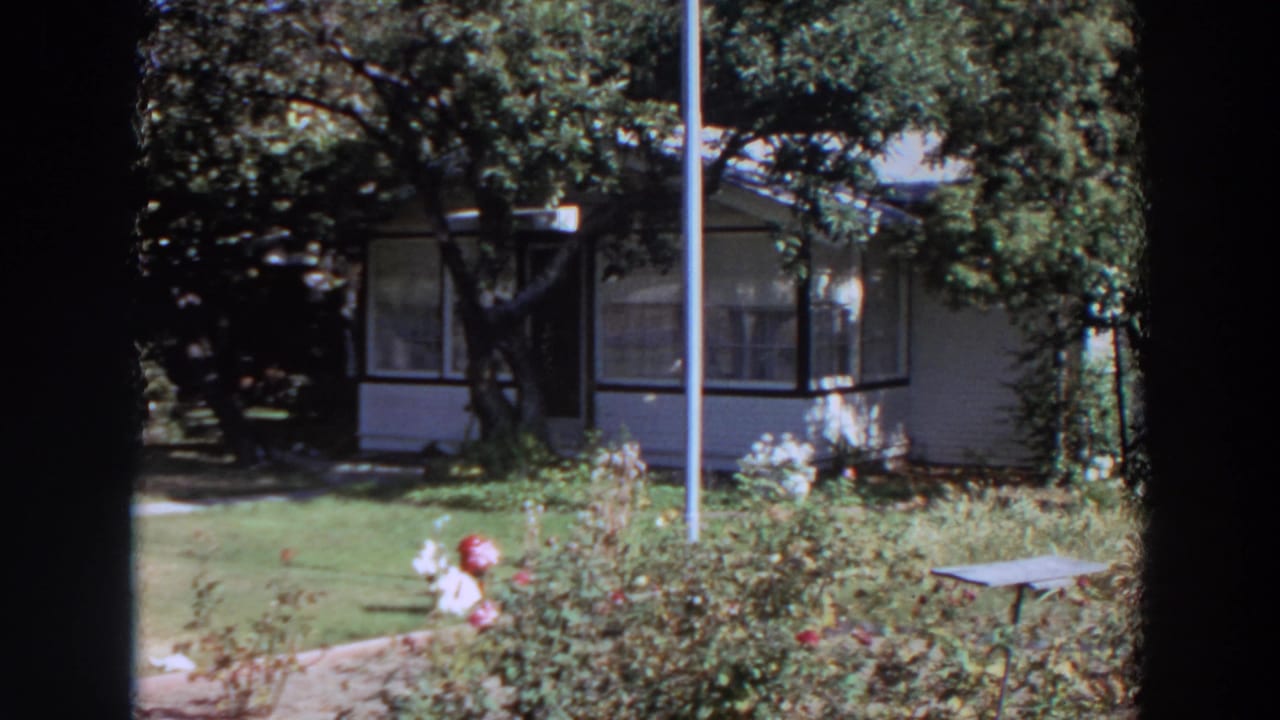 1964 Washington residential exterior with porch windows, mature trees, lawn, garden shrubs, and a red hydrant near the foreground.
