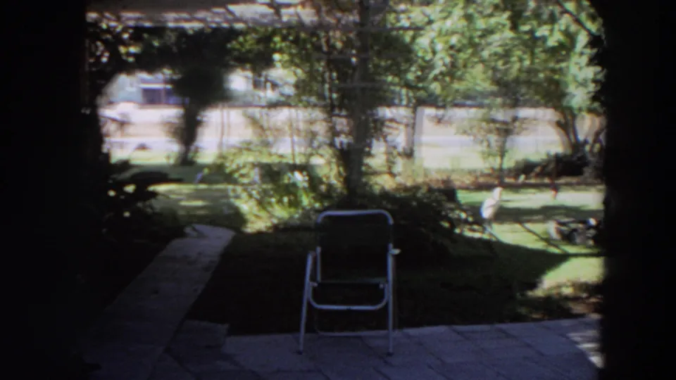 1964 Washington home-movie frame looking from shade toward a lawn, trees, patio, and metal folding chair.