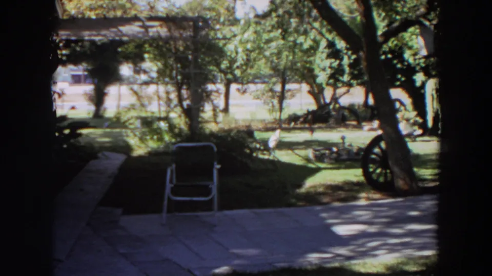 1964 Washington backyard frame with a folding chair on the patio and garden decor under trees.