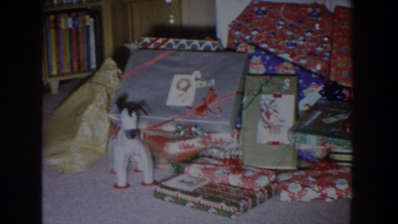 Wrapped Christmas gifts on carpet beside a toy dog and wooden bookshelf.