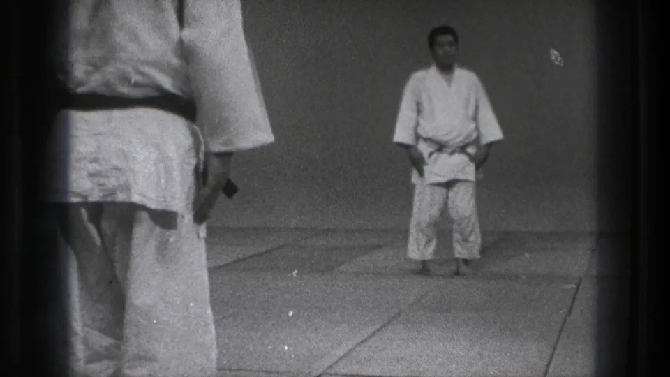 A martial arts practitioner faces forward in a ready stance, with a second black-belt figure partly visible at the left edge.