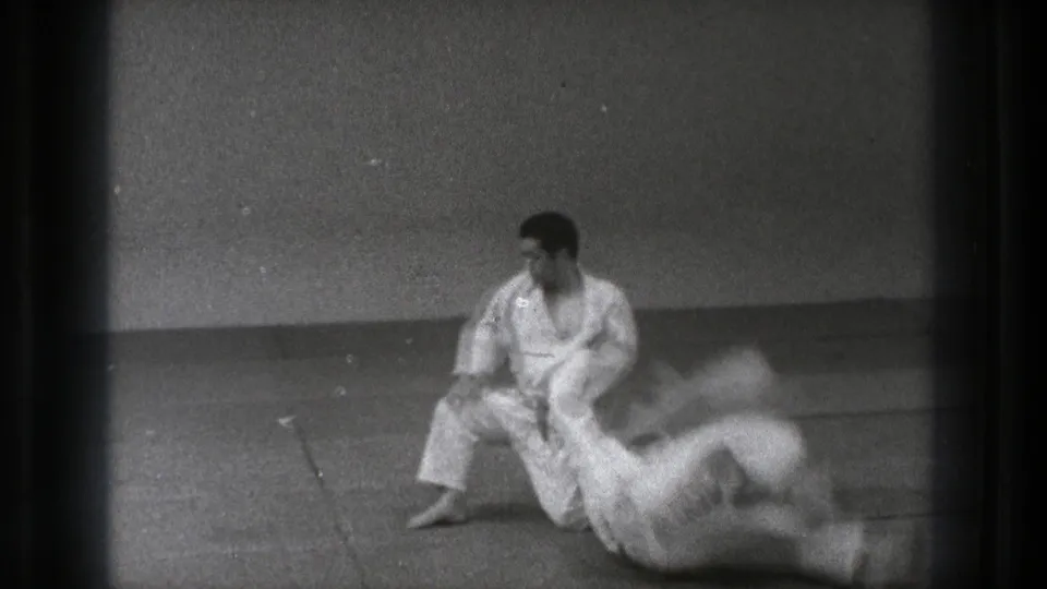 A judo throw is captured mid-action as one man remains seated or crouched while his partner flips onto the mat.