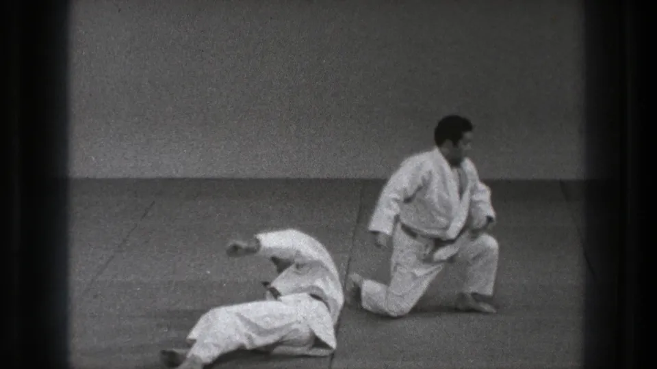 After the technique, one practitioner kneels upright while the other lies on the mat in the indoor training space.