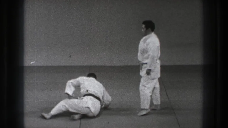 After the drill, one practitioner begins to rise from the mat while the other stands nearby in the dojo space.