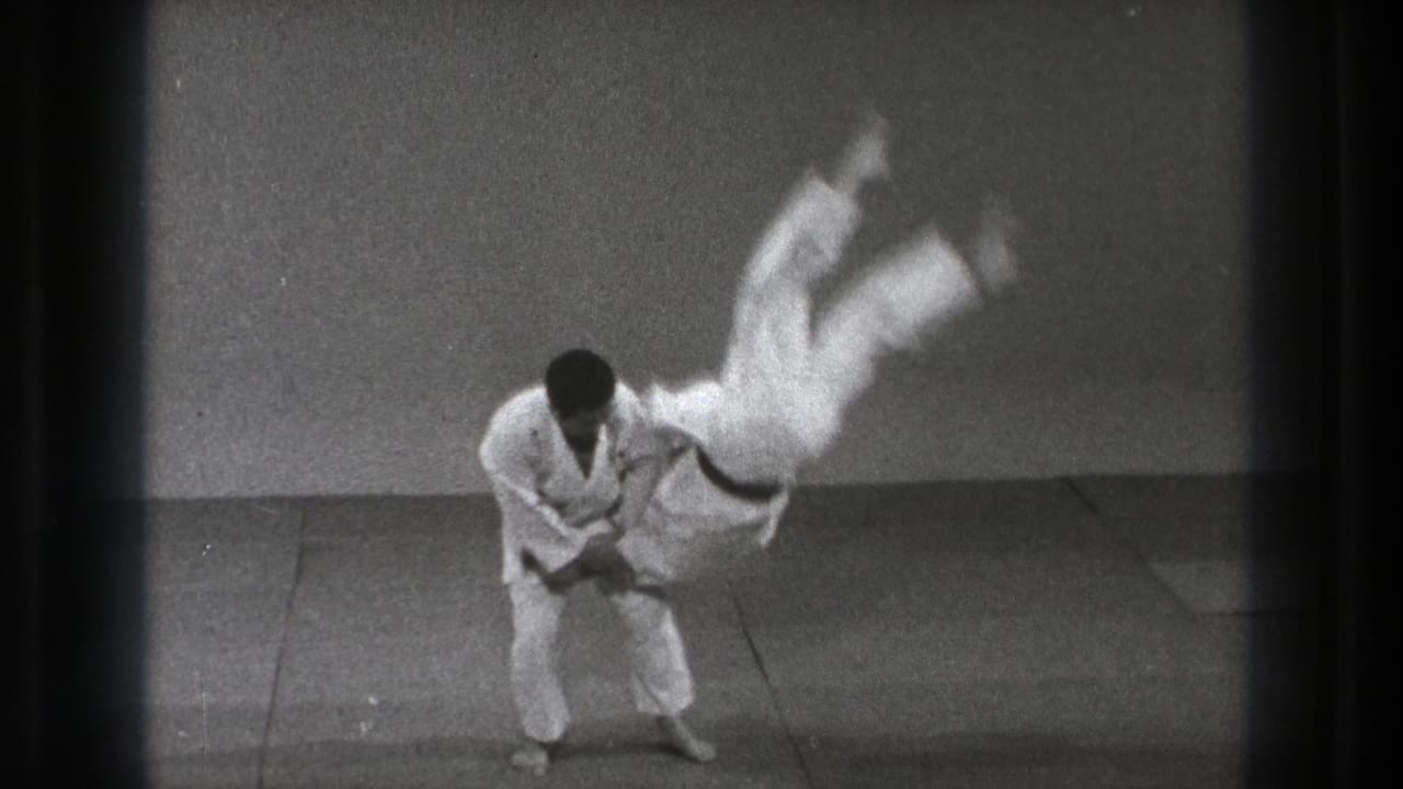 Martial arts throw in progress with one man airborne above the mat.