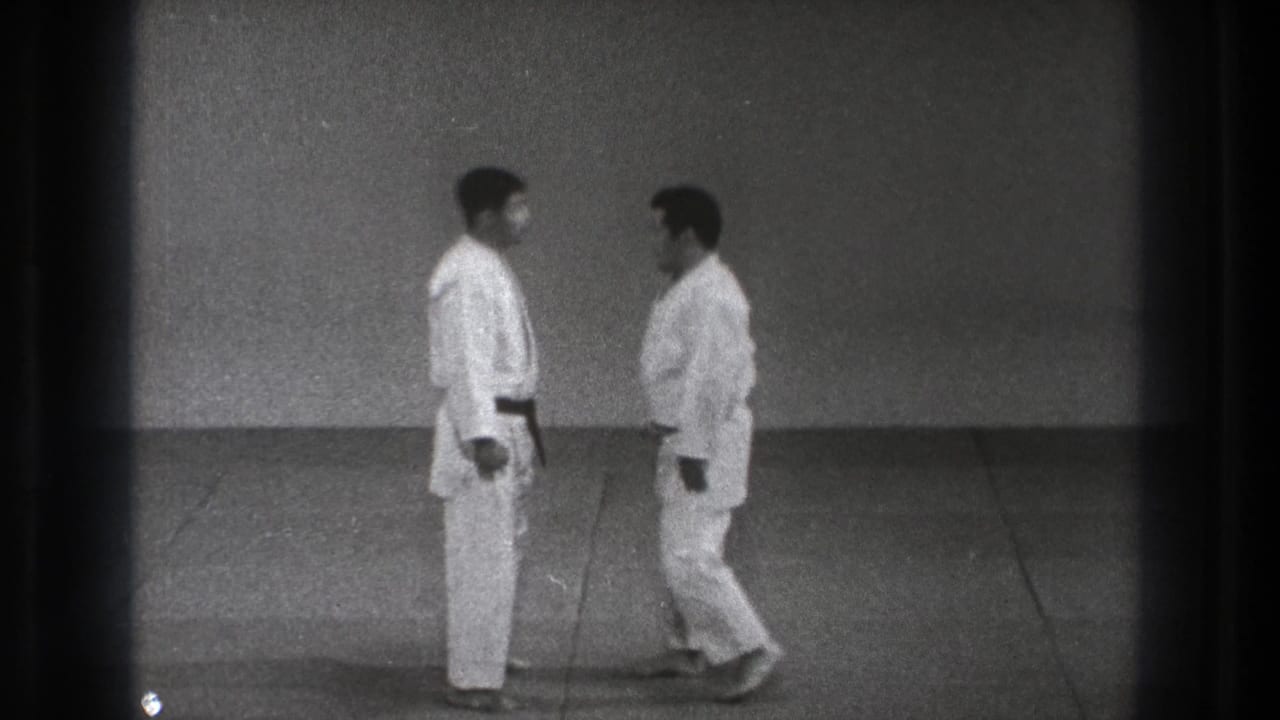 The two judoka stand nearly face to face on the dojo mat, holding a formal pause before contact or instruction.
