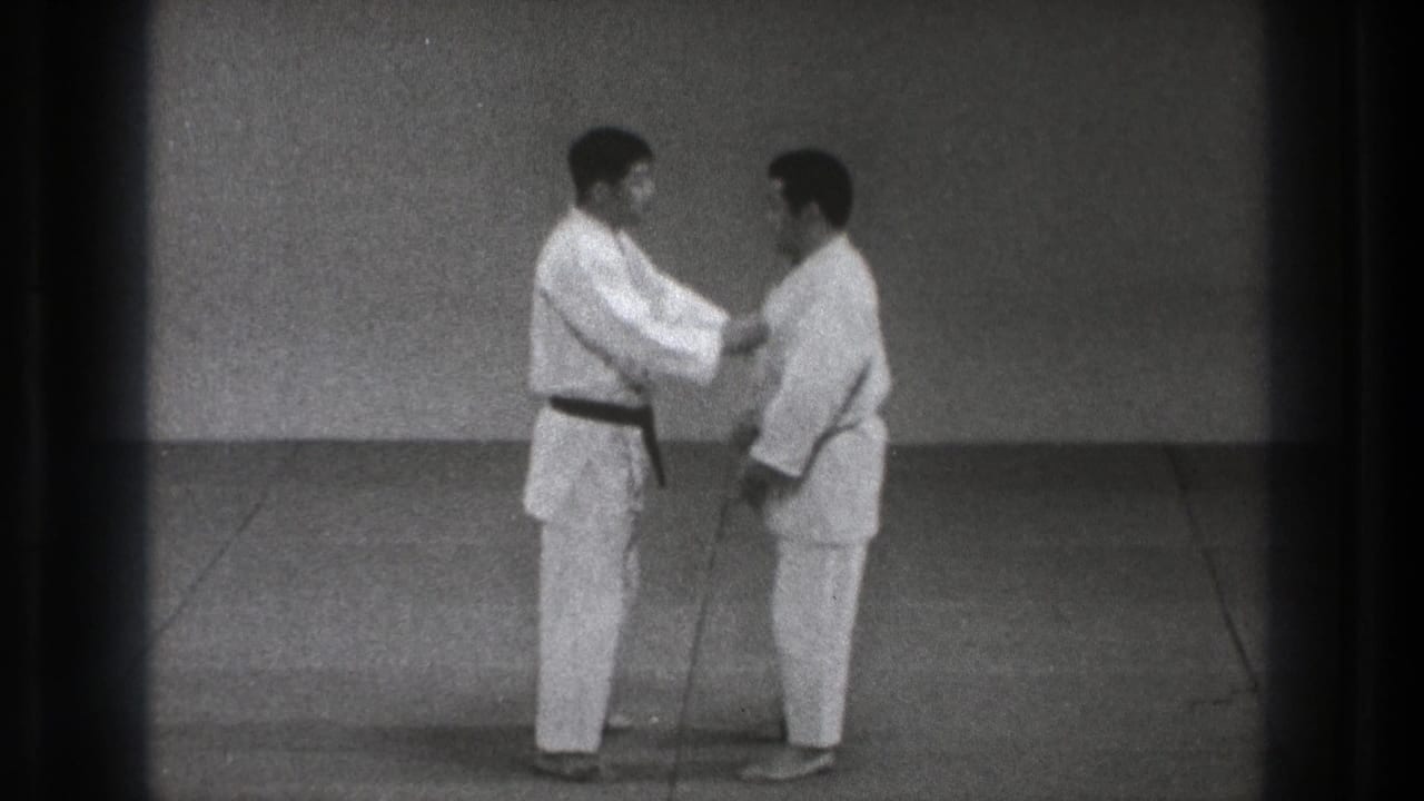 In the dojo practice sequence, one judoka reaches to the other's upper chest or lapel area as they begin a controlled judo movement.