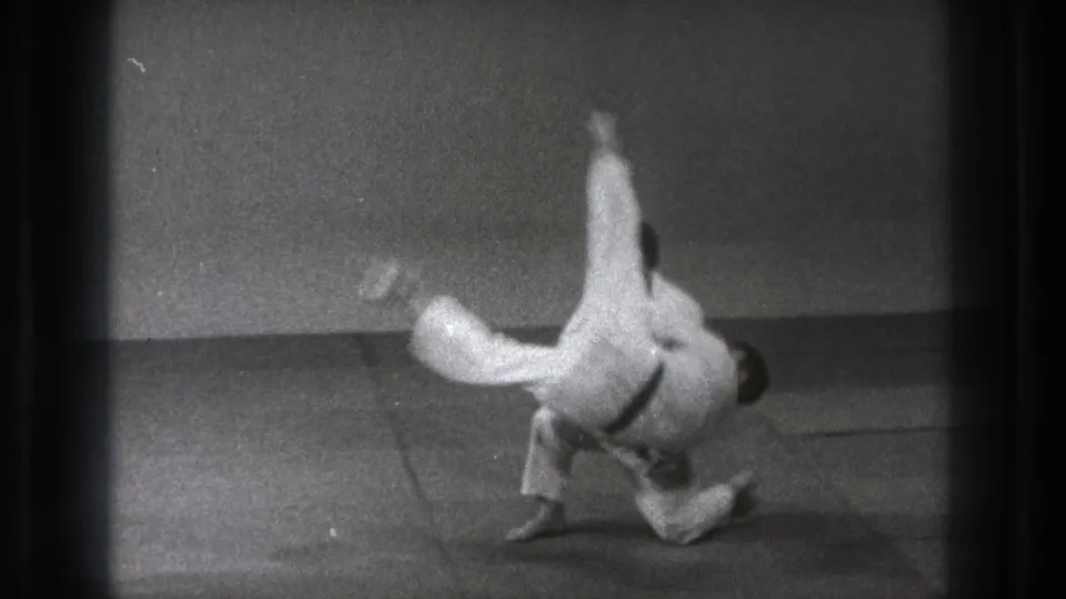In the Tokyo judo session, one practitioner drives through a hip throw while the other rises upside down above the mat.