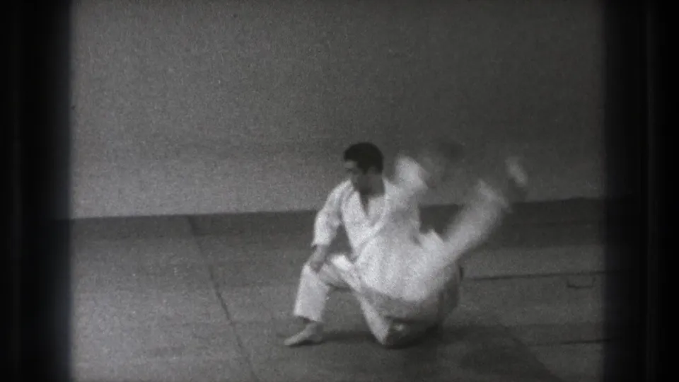 The receiver hits the mat in a blurred landing while the throwing partner stays low beside him in the 1971 Tokyo training footage.