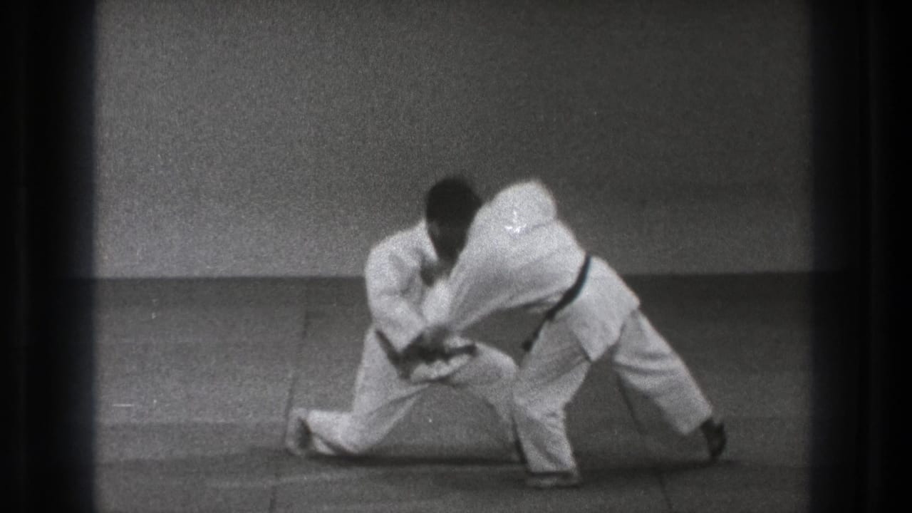The exchange ends with one practitioner lunging low while the other bends forward in a takedown motion on the dojo mat.