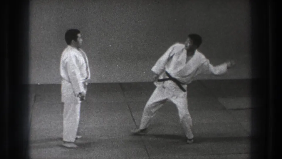 A sparring demonstration shows one practitioner steady at left while the other shifts into a wide stance with an arm raised.