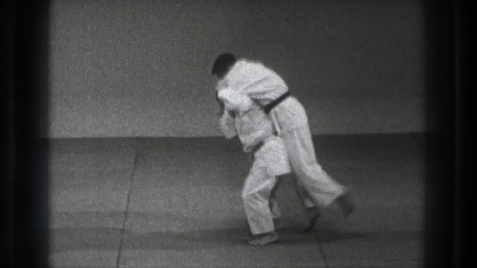 The karate sequence ends with one practitioner bent forward while the black-belt partner maintains a controlling hold.