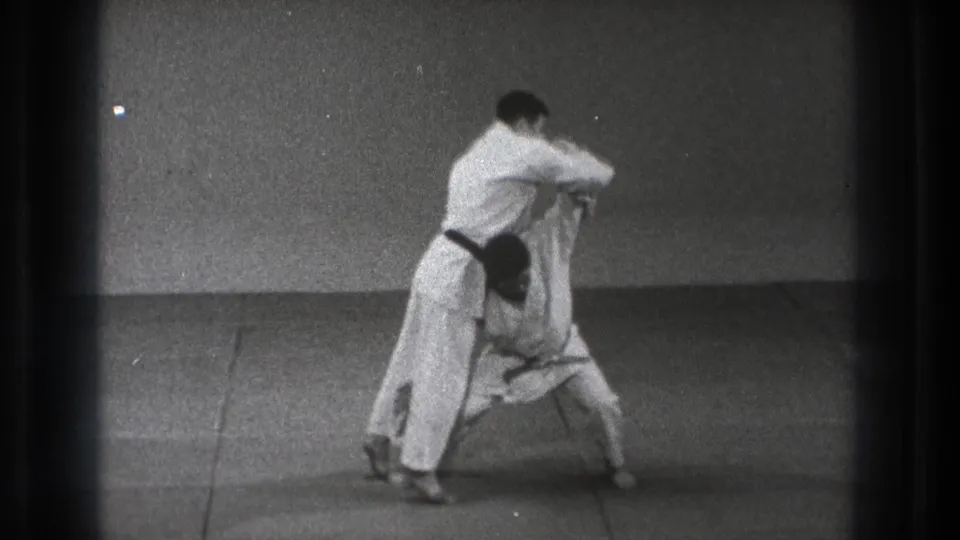 One adult practitioner bends low under the other's arm as the karate demonstration moves into a lowered, controlled position.