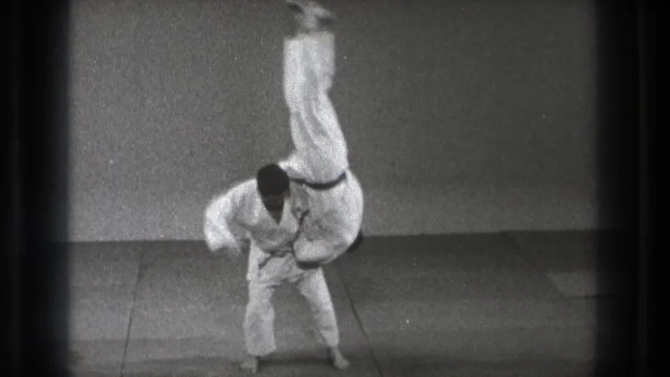 The throw begins as one martial artist pivots while his partner lifts nearly vertical above the mat in a Tokyo indoor practice setting.