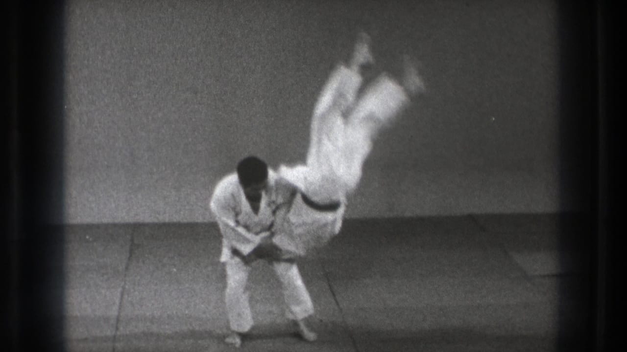 A martial artist in a white gi holds his partner as the partner rotates through the air during the throw on an indoor mat.