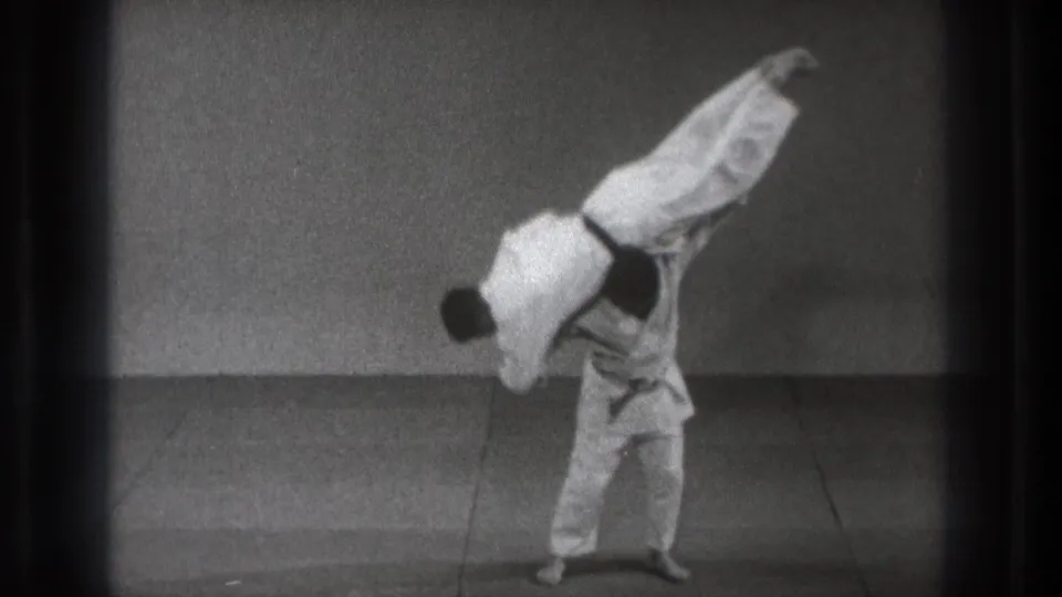 The demonstration reaches a high carry position, with one practitioner elevated over the other's shoulder line.
