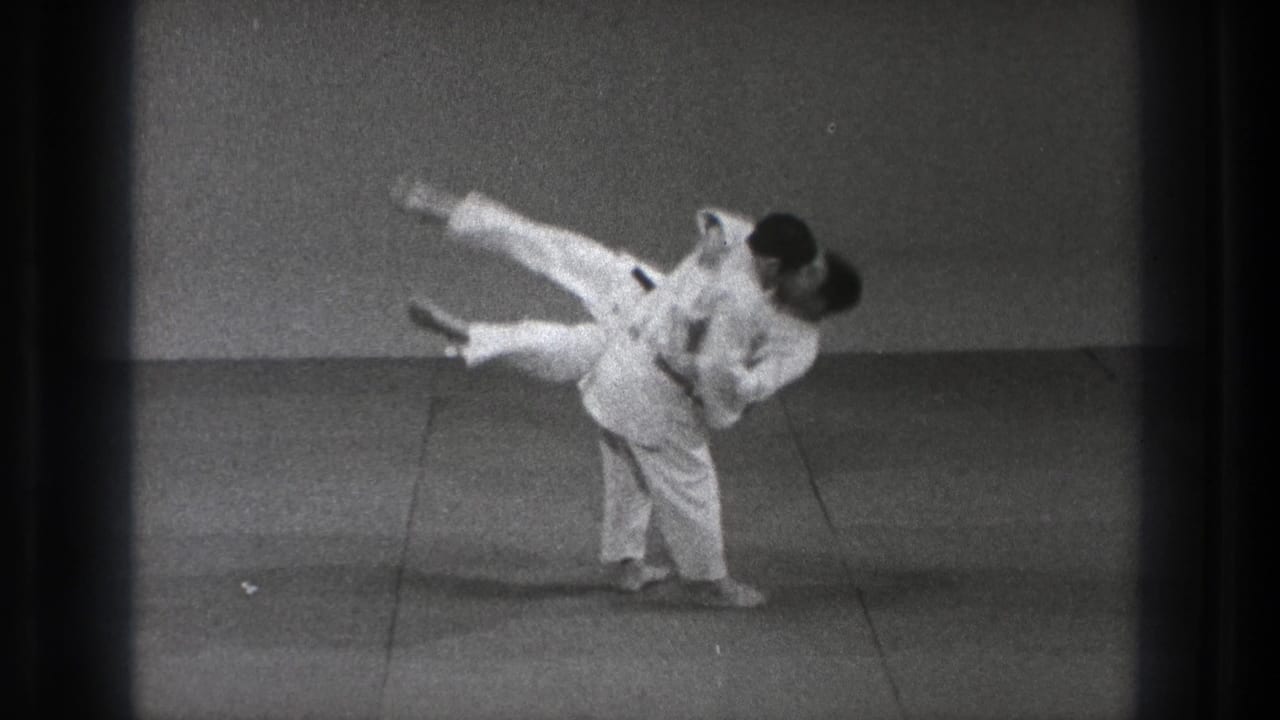 A karate practitioner in a white gi executes a throw as the other adult is lifted sideways above the mat in the Tokyo training room.